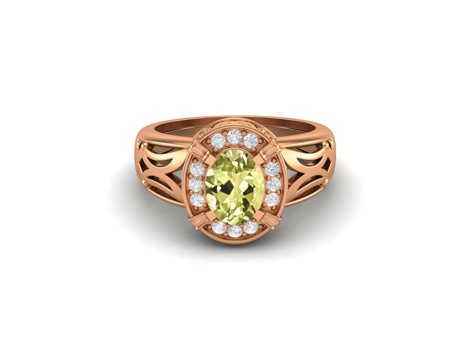 Lemon Quartz Oval Filigree Halo Design Ring - Sterling Silver