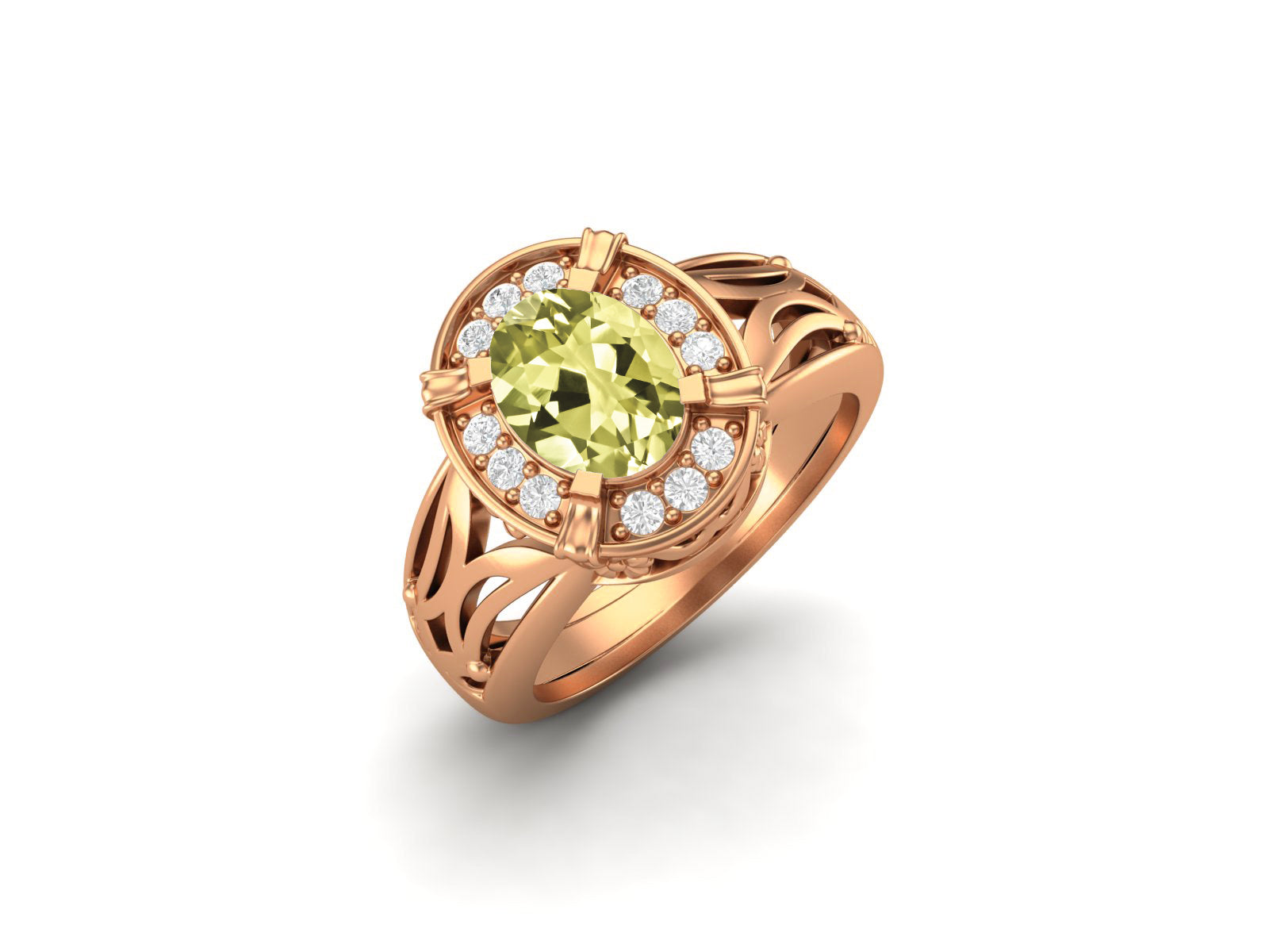 Lemon Quartz Oval Filigree Halo Design Ring - Sterling Silver