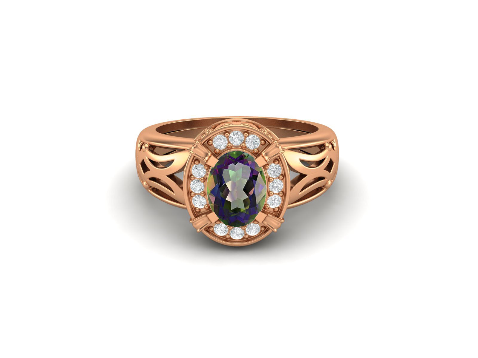 Mystic Topaz Oval Filigree Halo Design Ring - Sterling Silver