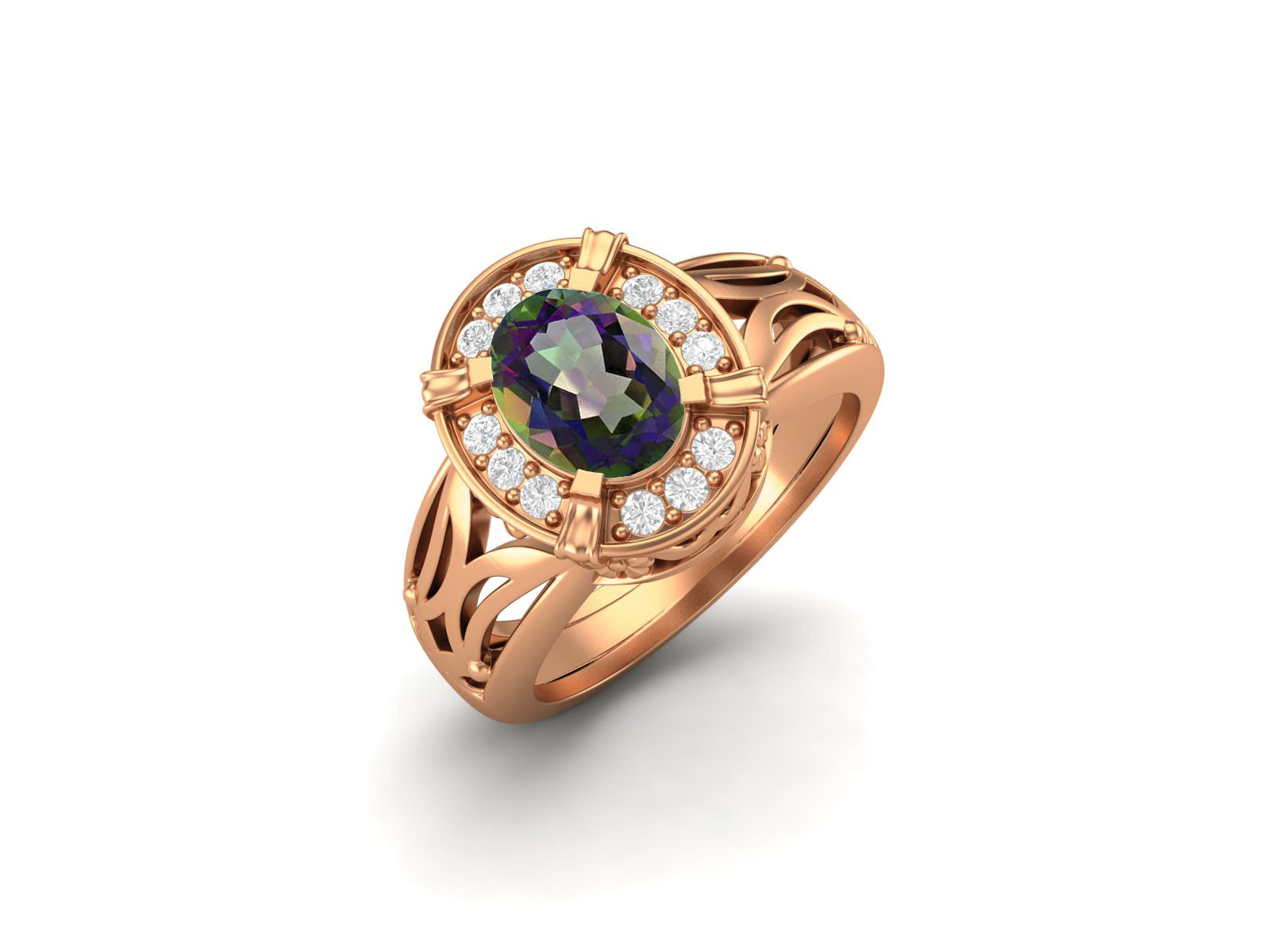 Mystic Topaz Oval Filigree Halo Design Ring - Sterling Silver