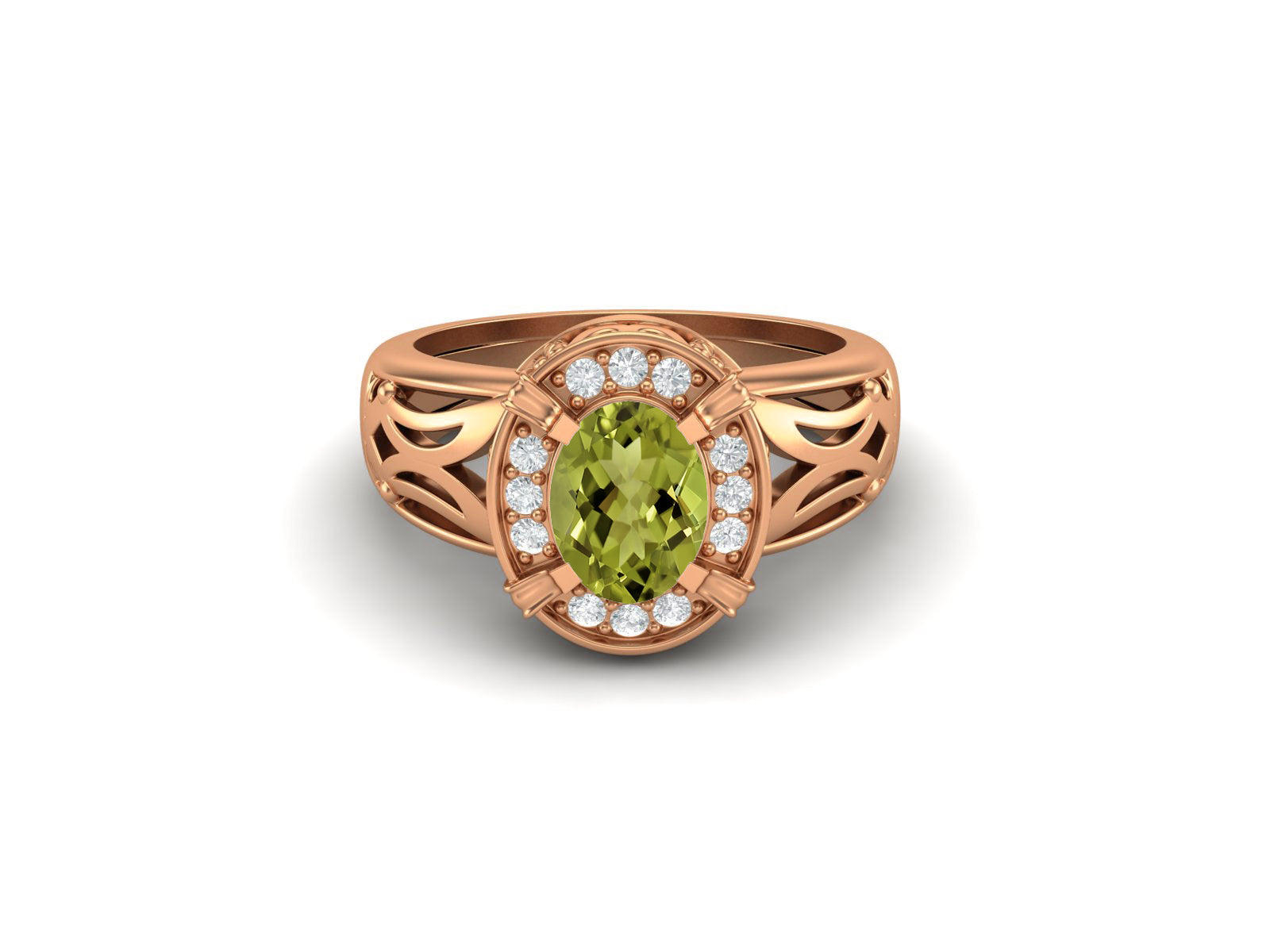 Peridot Oval Filigree Halo Design Ring - Sterling Silver