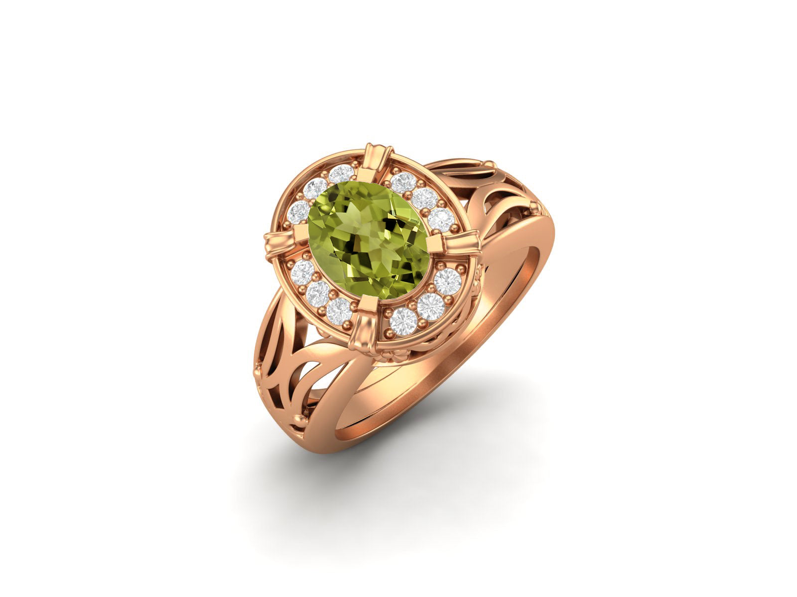 Peridot Oval Filigree Halo Design Ring - Sterling Silver