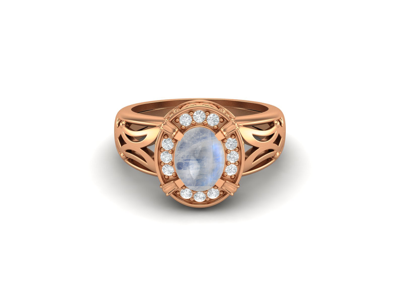 Moonstone Oval Filigree Halo Design Ring - Sterling Silver