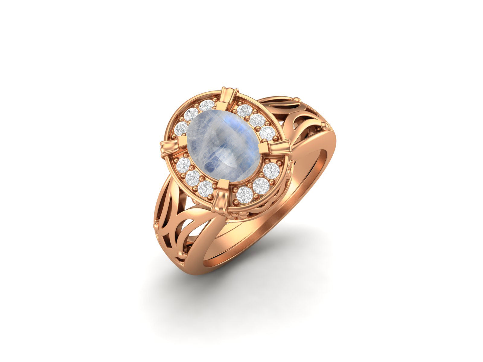 Moonstone Oval Filigree Halo Design Ring - Sterling Silver