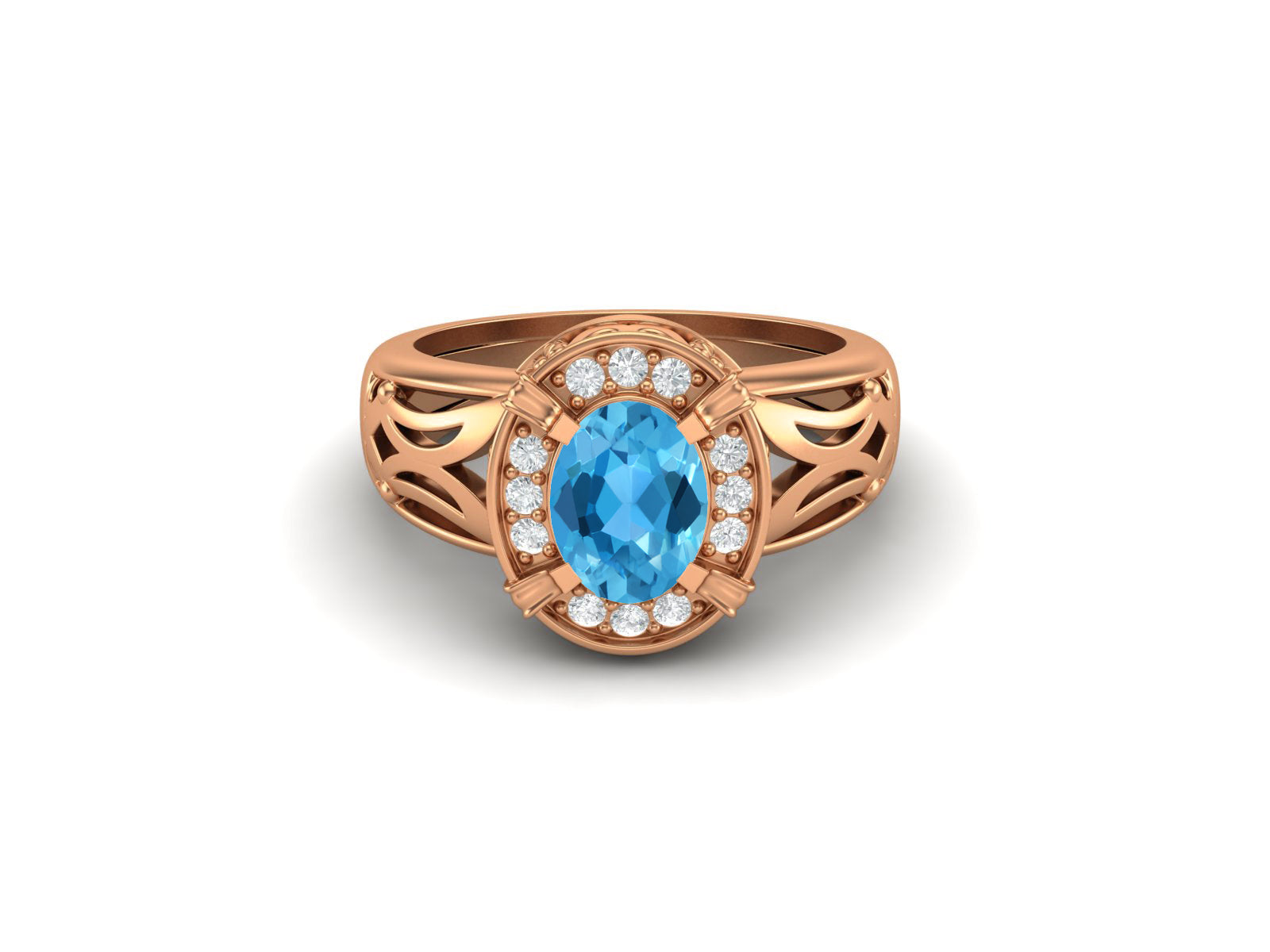 Swiss Blue Topaz Oval Filigree Halo Design Ring - Sterling Silver