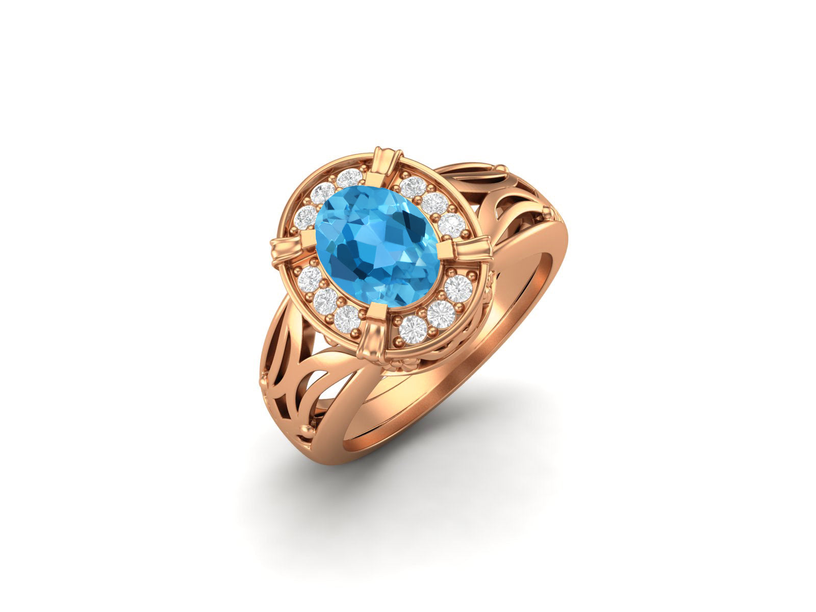 Swiss Blue Topaz Oval Filigree Halo Design Ring - Sterling Silver