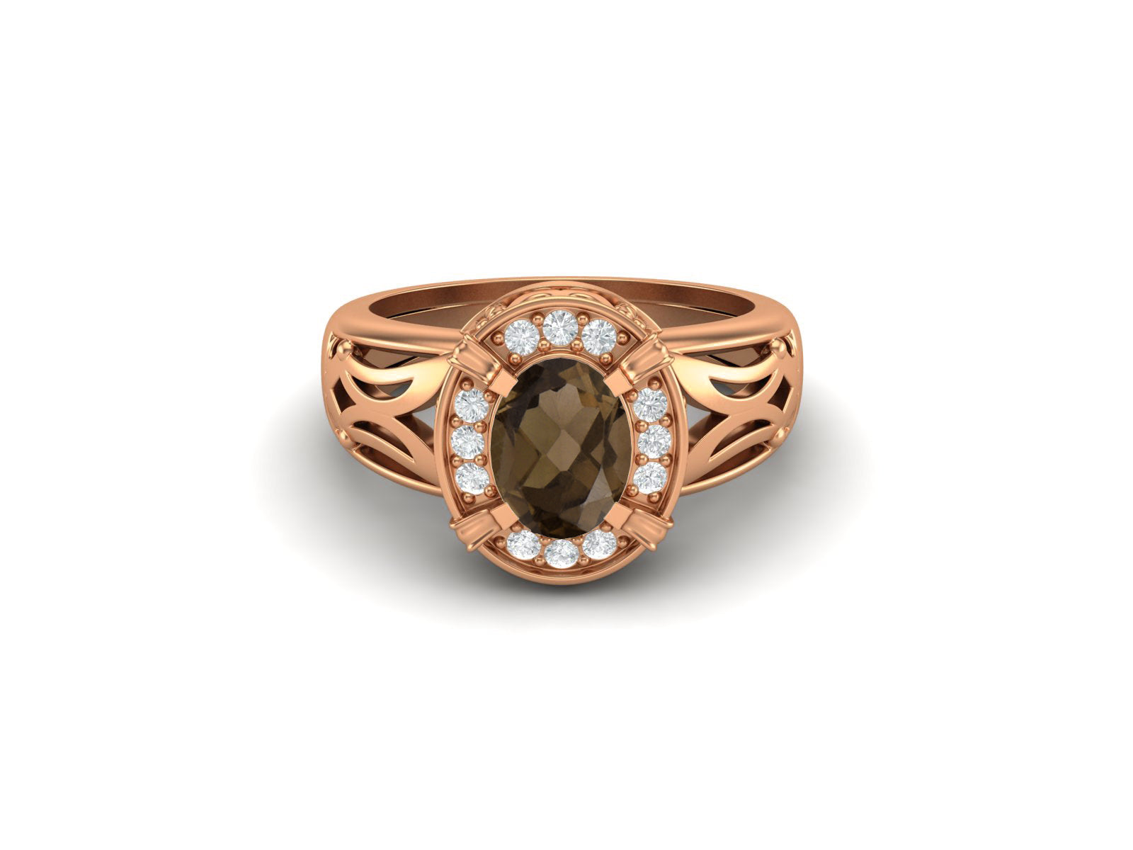 Smoky Quartz Oval Filigree Halo Design Ring - Sterling Silver