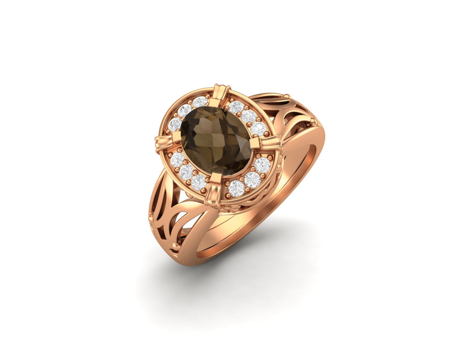 Smoky Quartz Oval Filigree Halo Design Ring - Sterling Silver