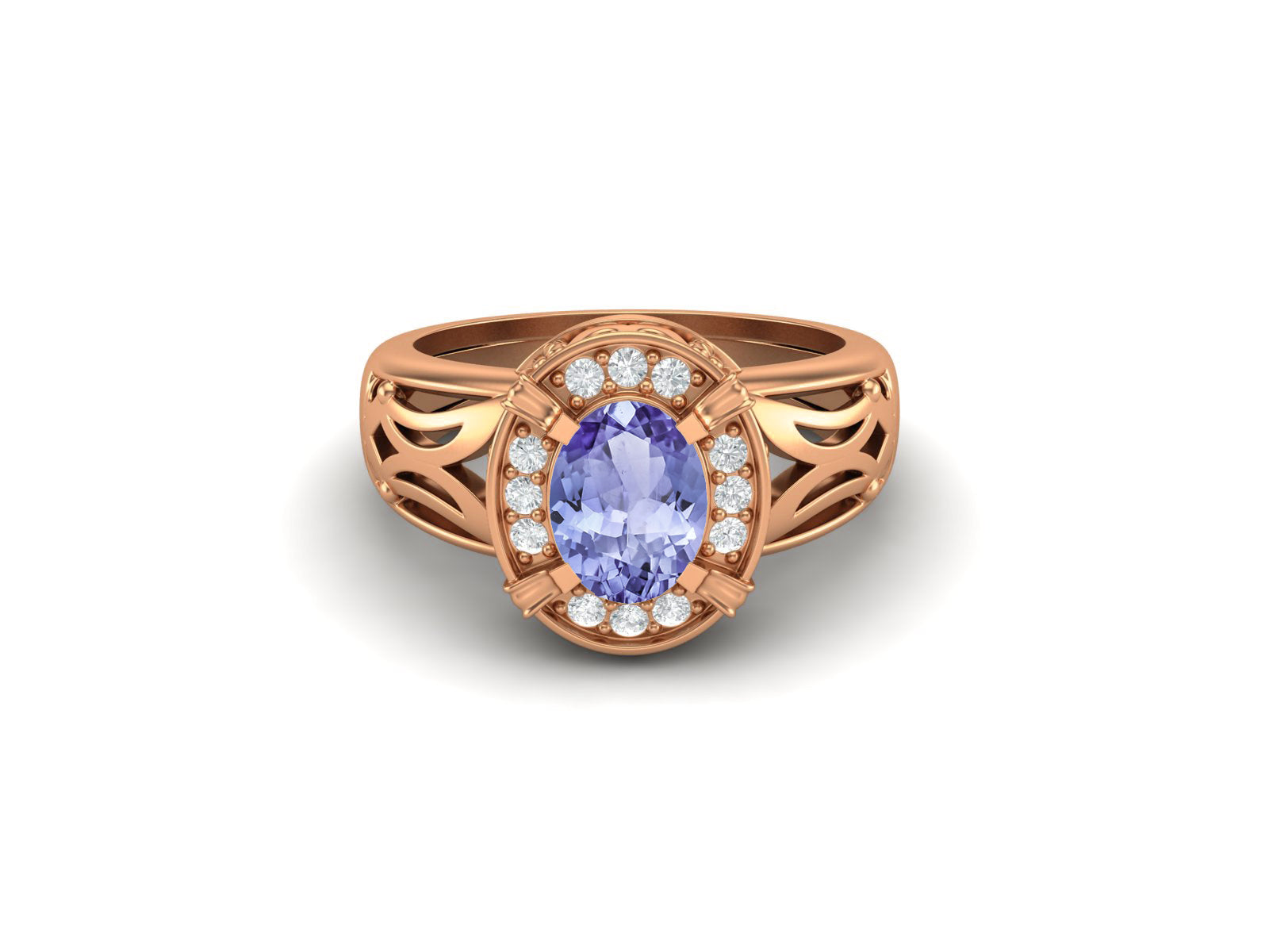 Tanzanite Oval Filigree Halo Design Ring - Sterling Silver