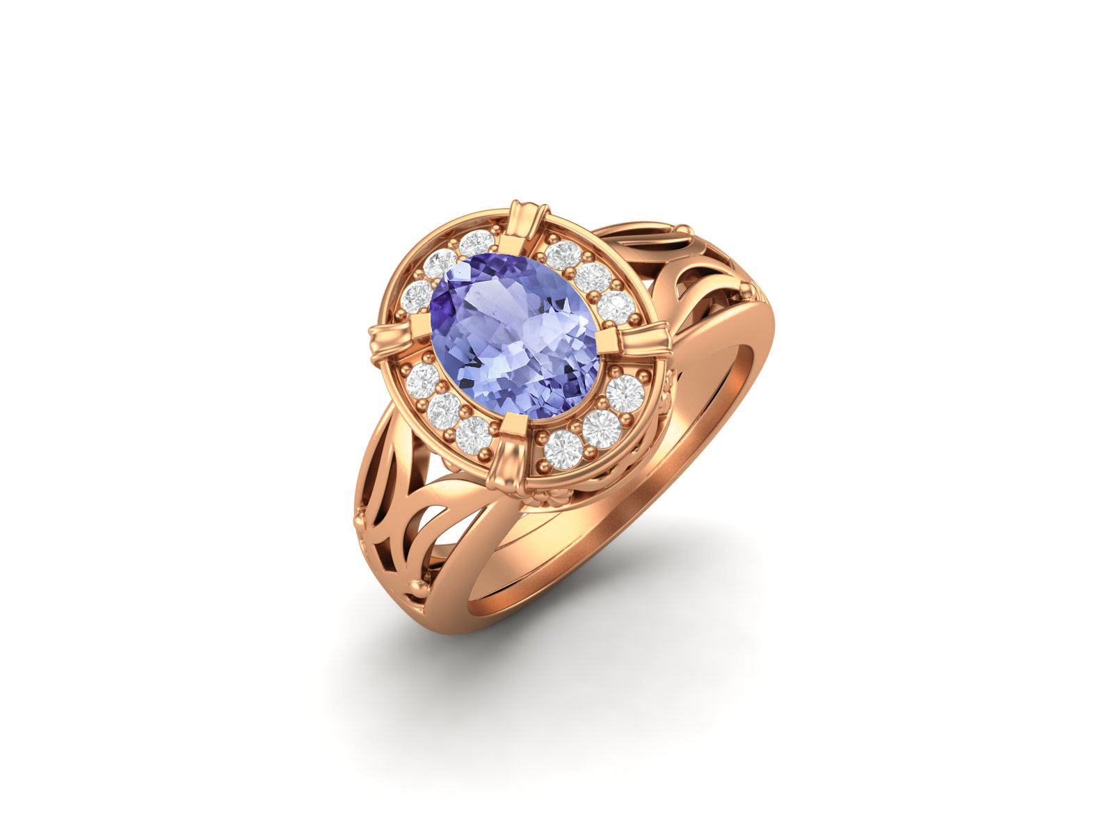 Tanzanite Oval Filigree Halo Design Ring - Sterling Silver