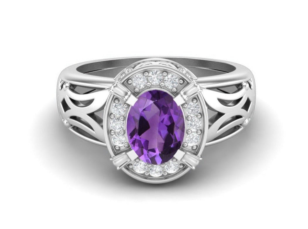 Amethyst Filigree Halo Design Ring – Sterling Silver