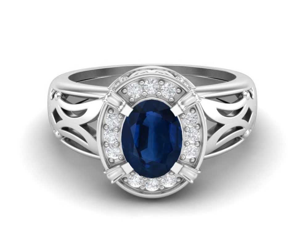 Anello di fidanzamento con pietra ovale in filigrana Art Déco e zaffiro blu