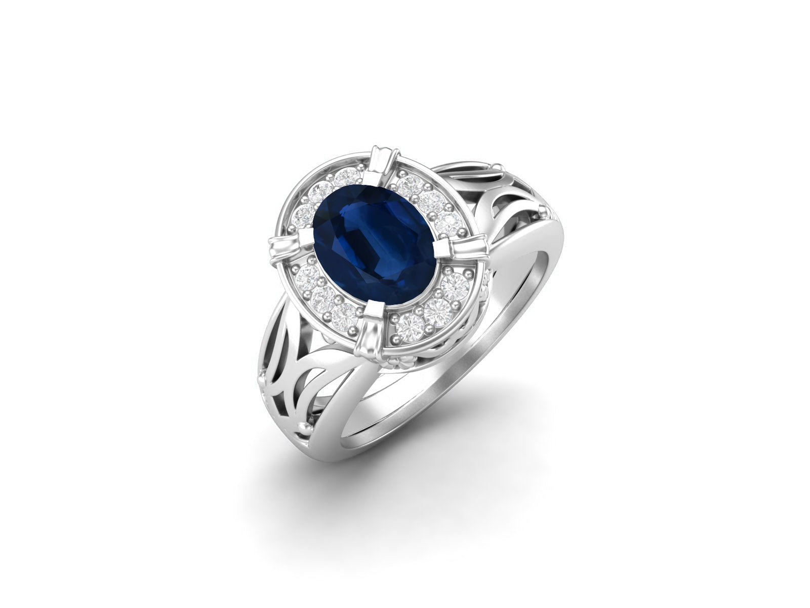 Anello di fidanzamento con pietra ovale in filigrana Art Déco e zaffiro blu