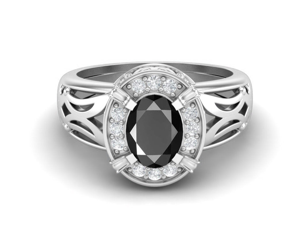 Black Spinel Oval Filigree Halo Design Ring - Sterling Silver