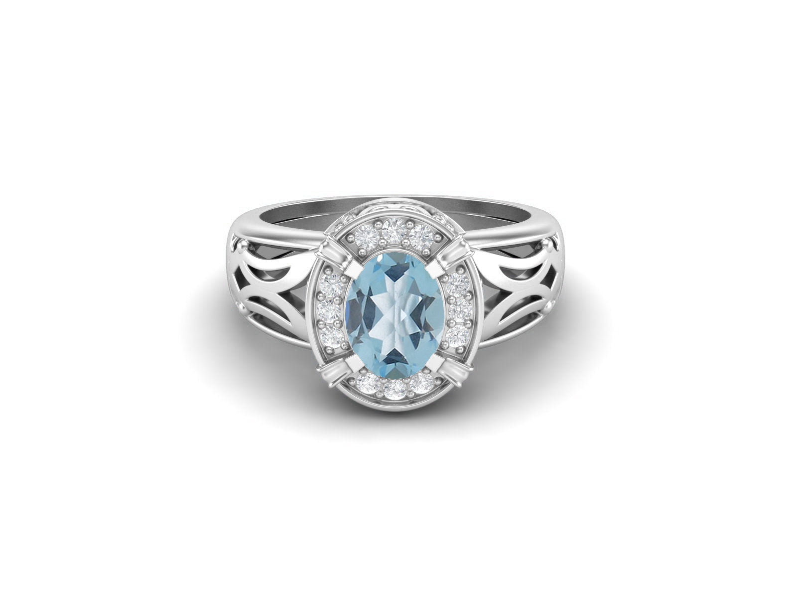 Blue Topaz Oval Filigree Halo Design Ring - Sterling Silver