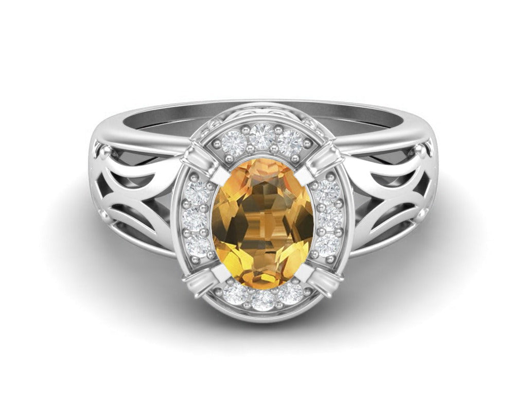 Citrine Filigree Halo Design Ring – Sterling Silver