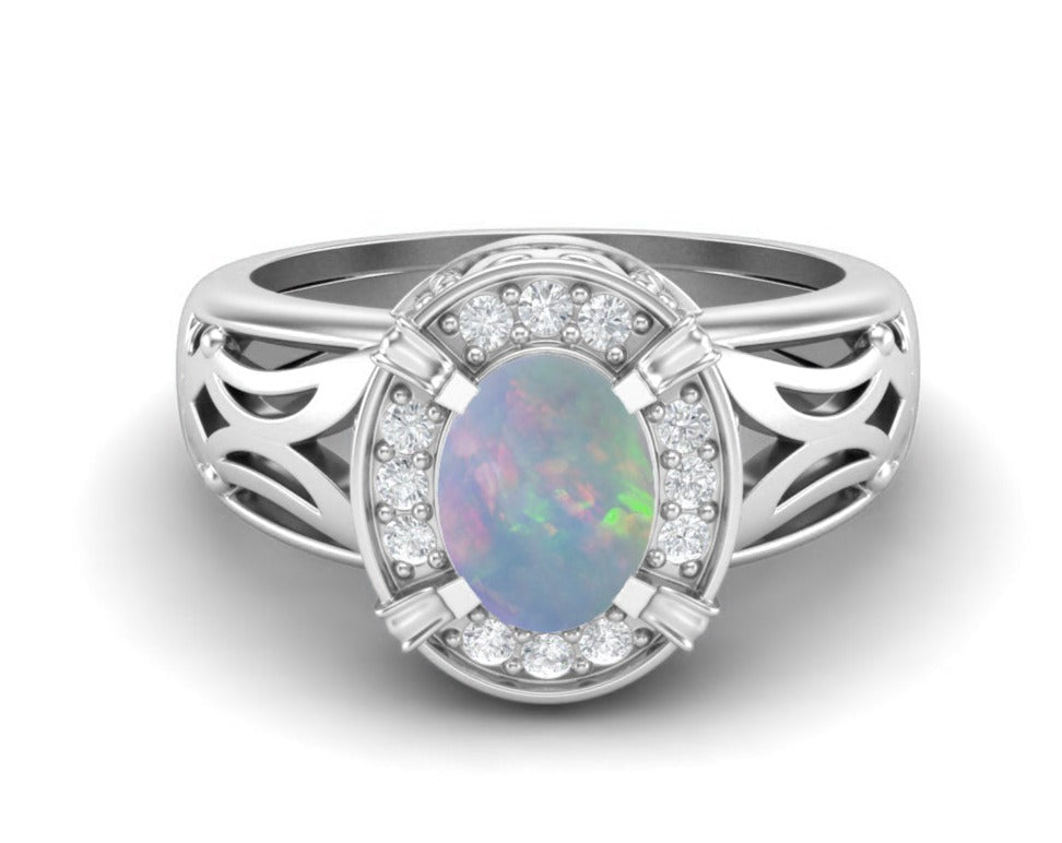Opal Oval Filigree Halo Design Ring - Sterling Silver
