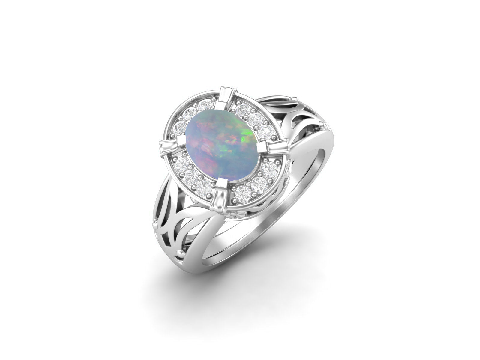 Opal Oval Filigree Halo Design Ring - Sterling Silver