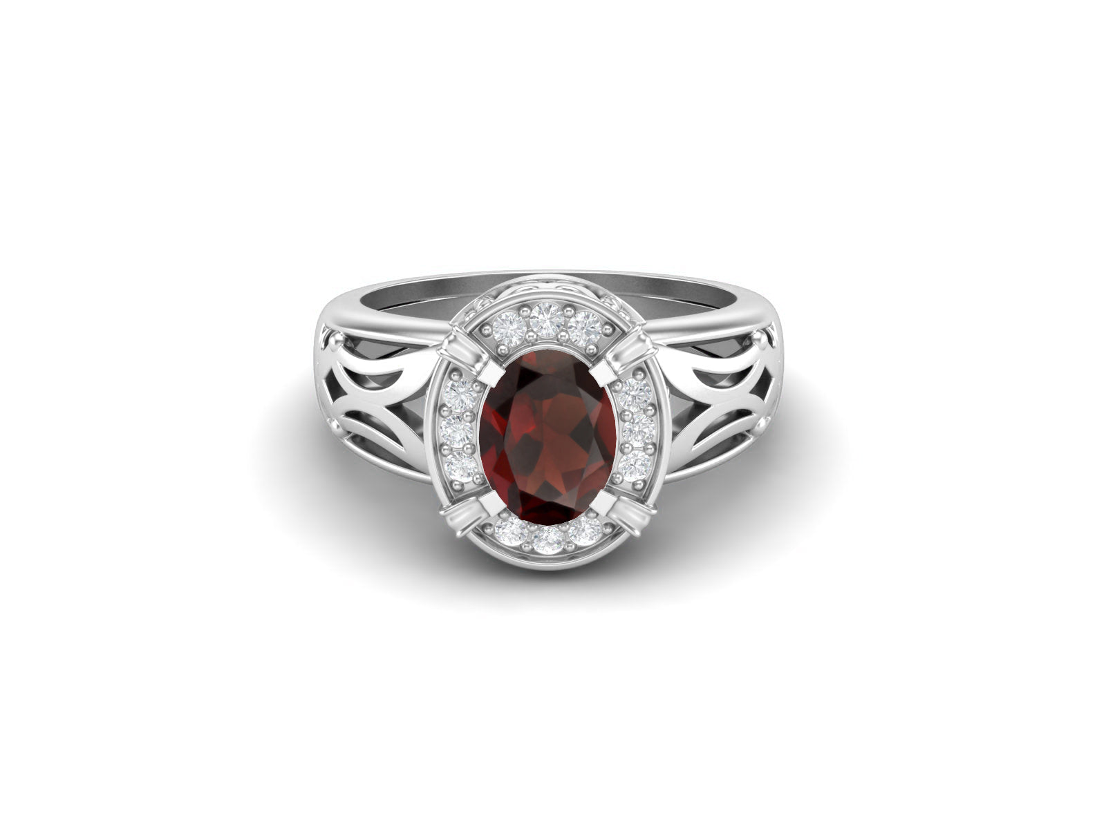 Garnet Intricate Cutout Band Halo Ring – Sterling Silver
