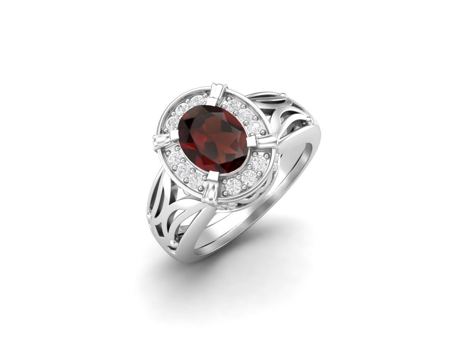 Anello con alone a fascia intagliata in granato - Argento Sterling