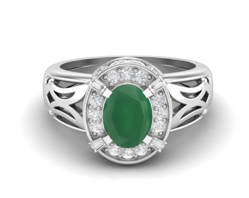 Green Onyx Oval Filigree Halo Design Ring - Sterling Silver