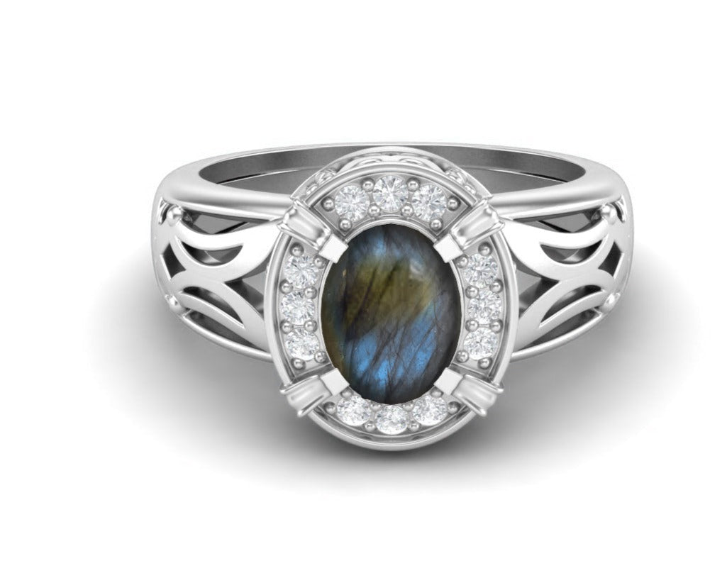 Labradorite Oval Filigree Halo Design Ring - Sterling Silver