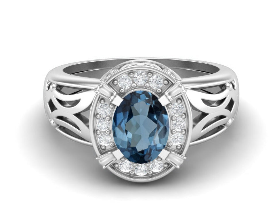 London Blue Topaz Filigree Halo Design Ring – Sterling Silver