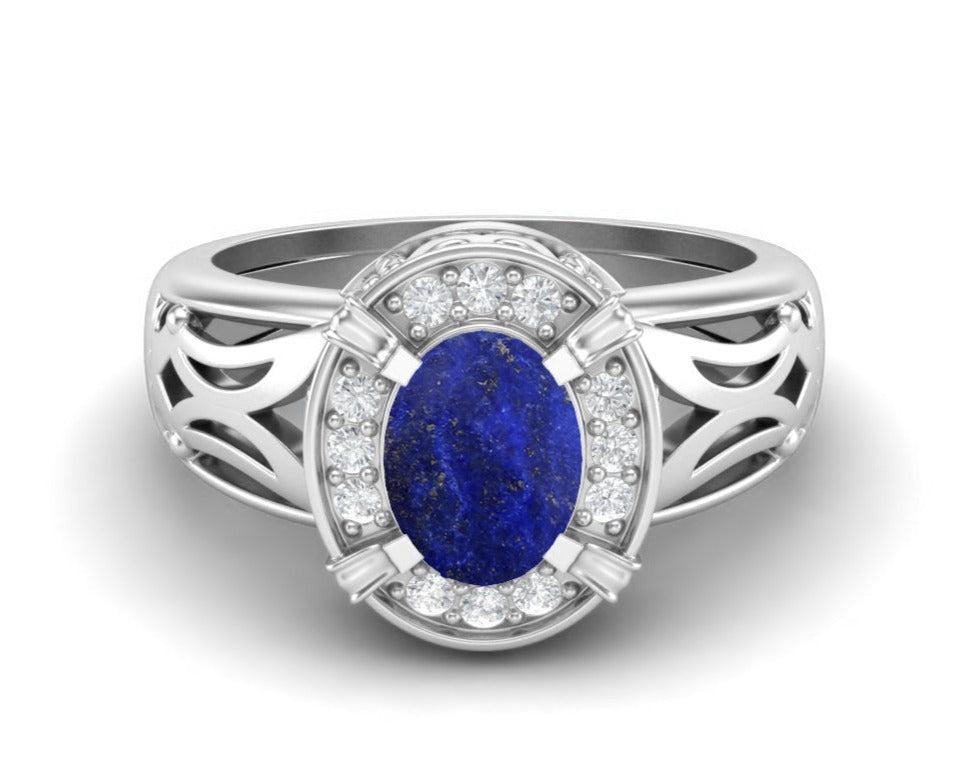 Lapis Lazuli Oval Filigree Halo Design Ring - Sterling Silver