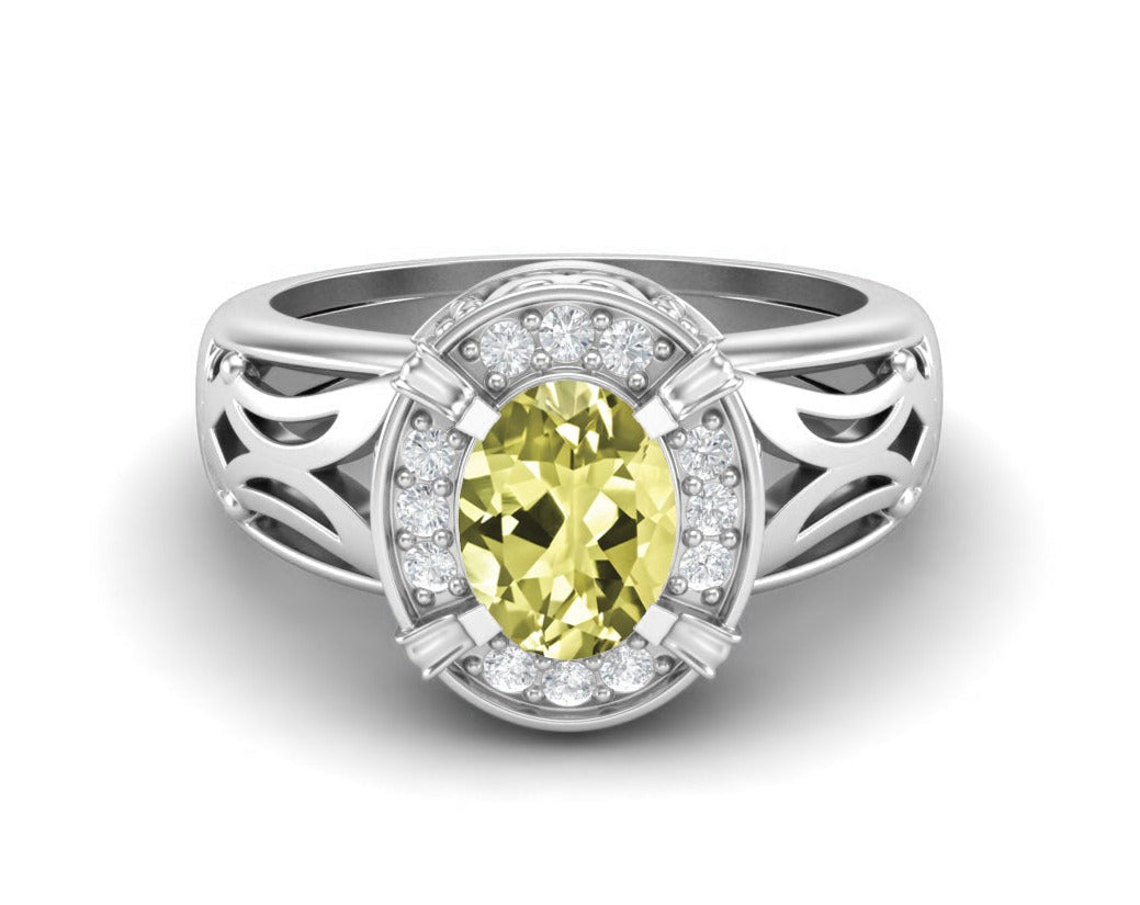 Lemon Quartz Oval Filigree Halo Design Ring - Sterling Silver