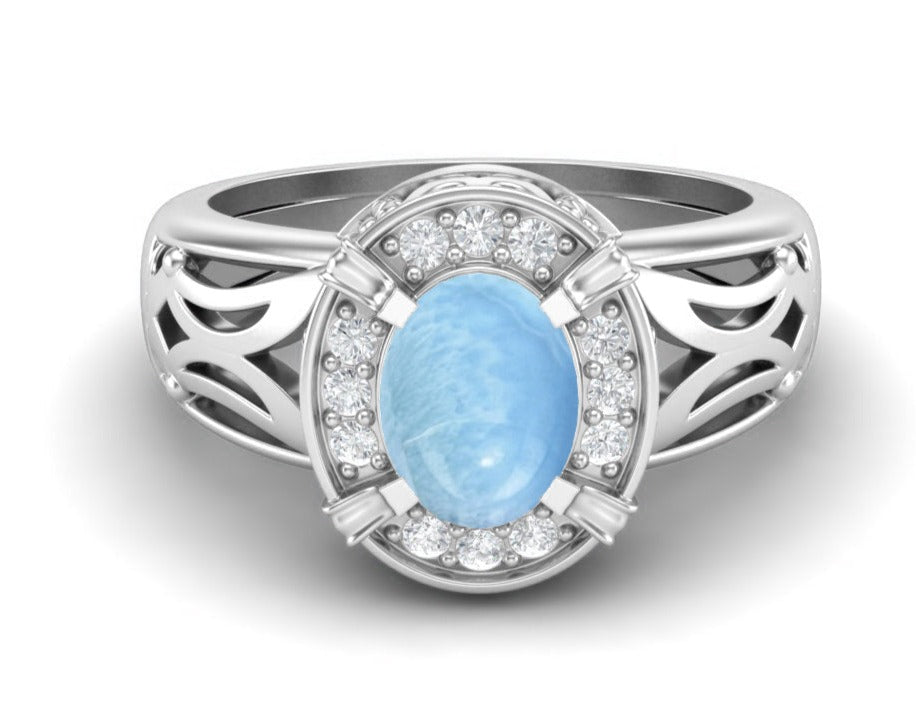 Larimar Oval Filigree Halo Design Ring - Sterling Silver