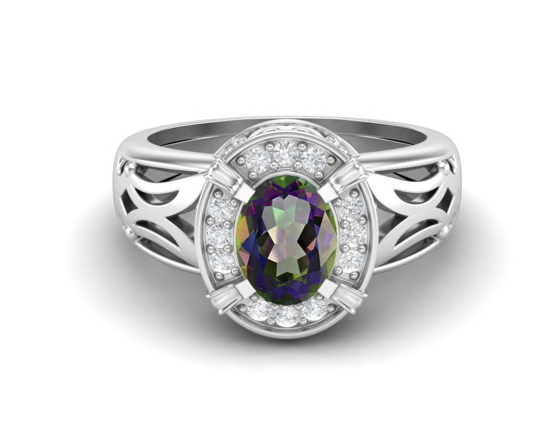 Mystic Topaz Oval Filigree Halo Design Ring - Sterling Silver