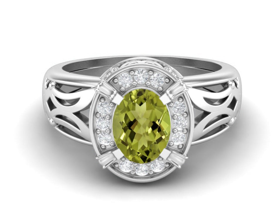 Peridot Oval Filigree Halo Design Ring - Sterling Silver