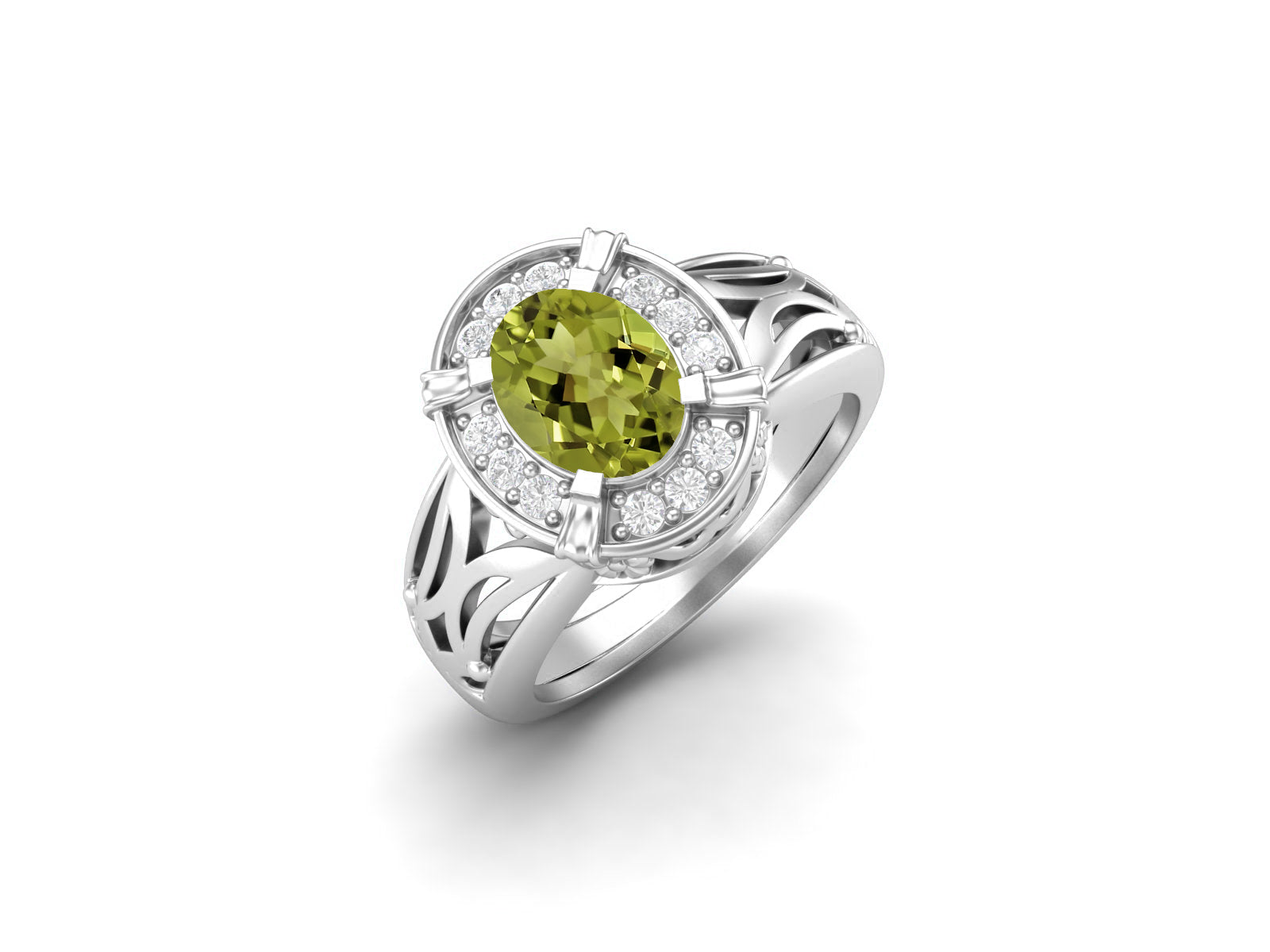 Peridot Oval Filigree Halo Design Ring - Sterling Silver