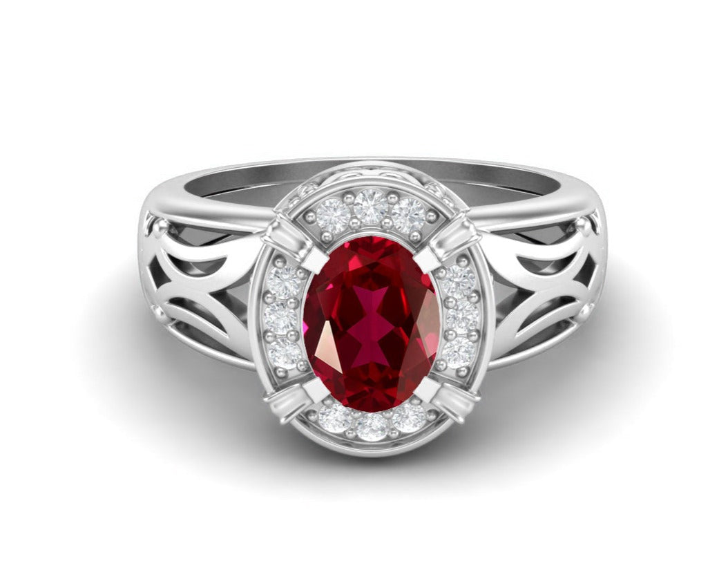 Ruby Oval Filigree Design Ring - Sterling Silver