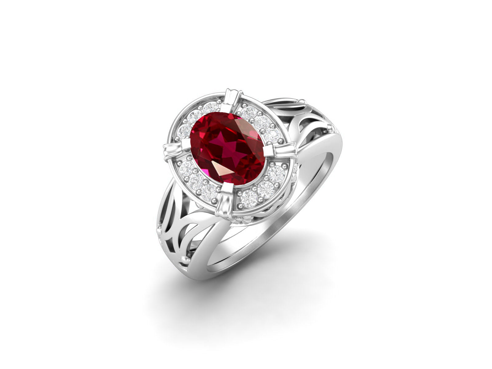 Ruby Oval Filigree Design Ring - Sterling Silver