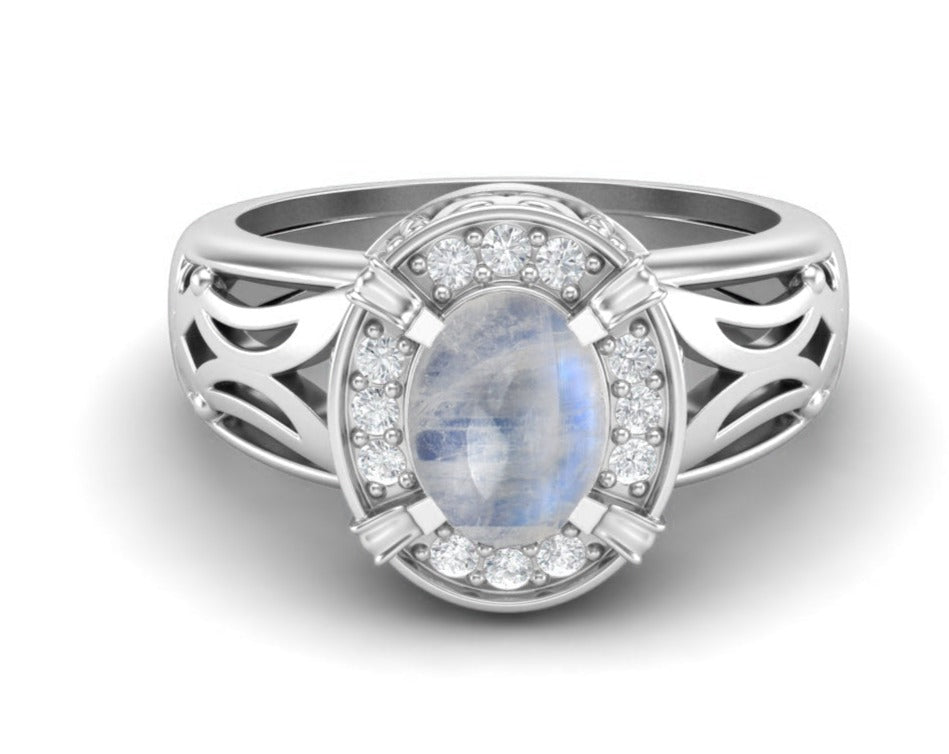 Moonstone Oval Filigree Halo Design Ring - Sterling Silver