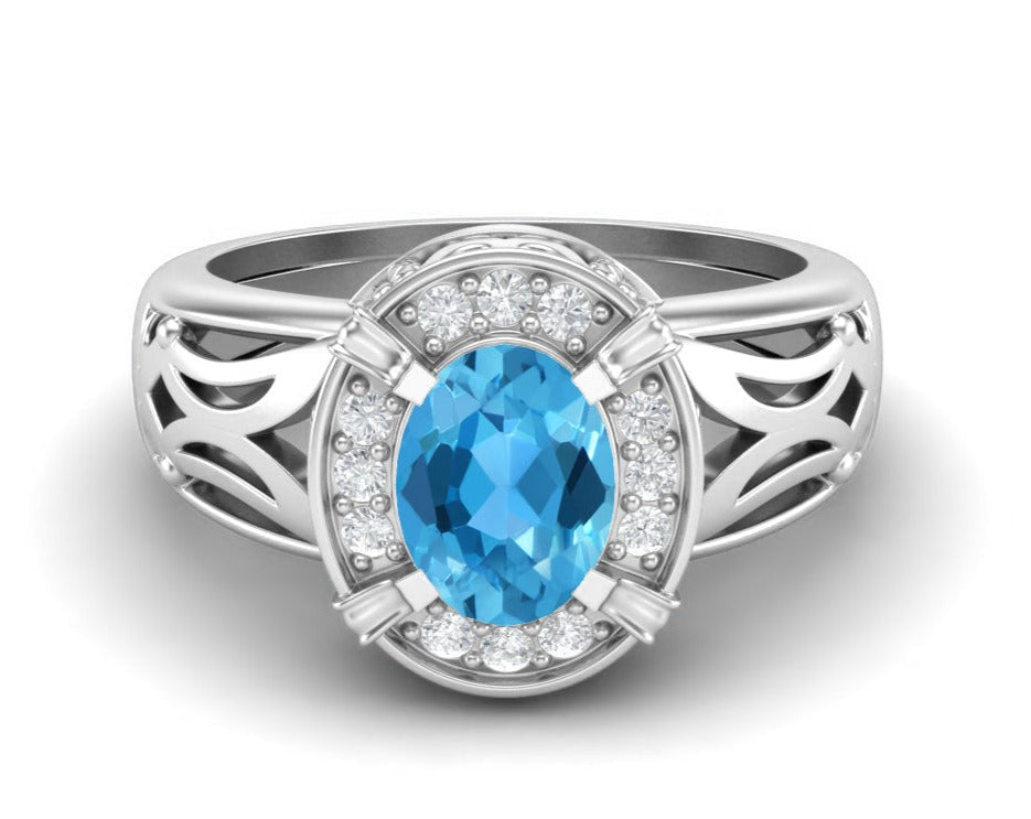Swiss Blue Topaz Oval Filigree Halo Design Ring - Sterling Silver
