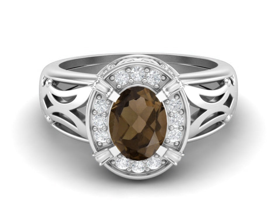 Smoky Quartz Oval Filigree Halo Design Ring - Sterling Silver