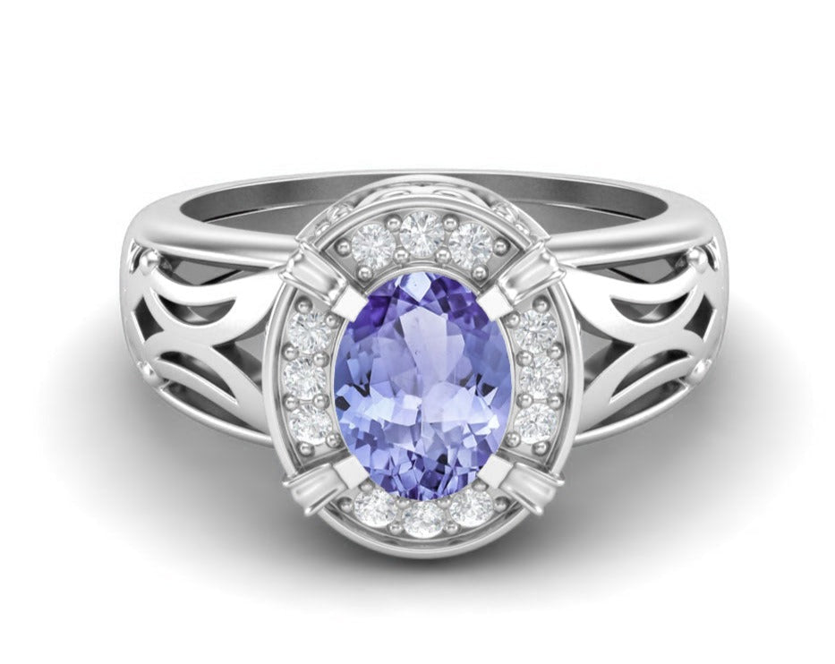 Tanzanite Oval Filigree Halo Design Ring - Sterling Silver