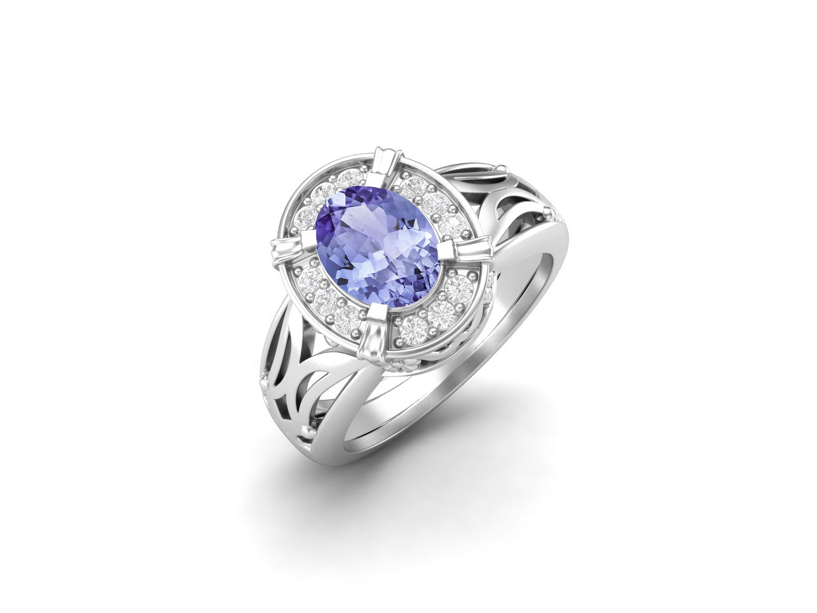 Tanzanite Oval Filigree Halo Design Ring - Sterling Silver