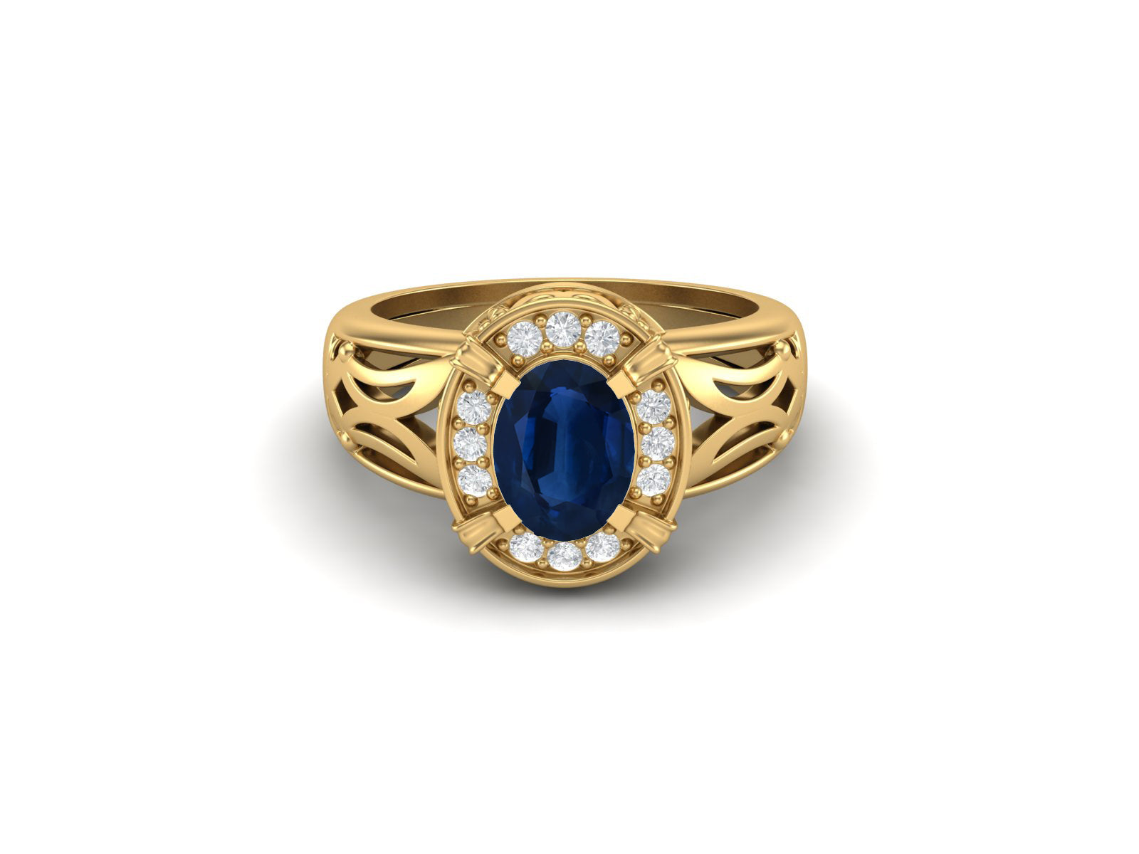 Anello di fidanzamento con pietra ovale in filigrana Art Déco e zaffiro blu