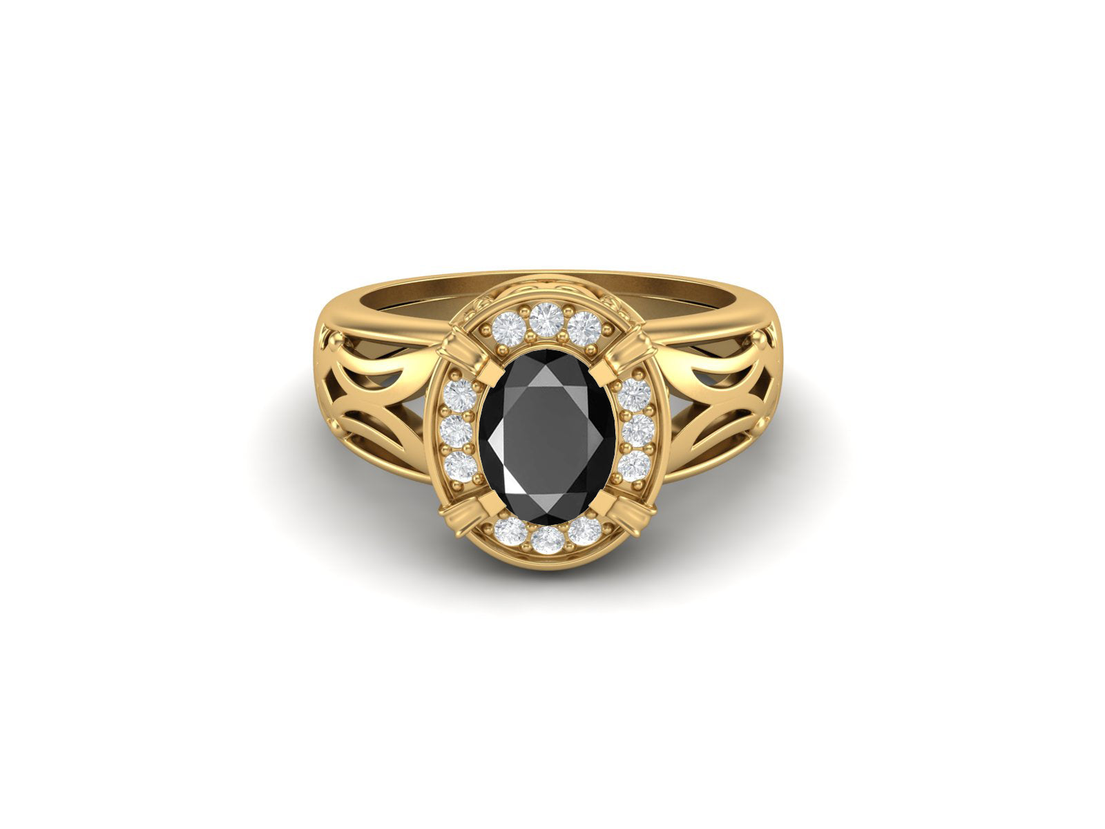 Black Spinel Oval Filigree Halo Design Ring - Sterling Silver