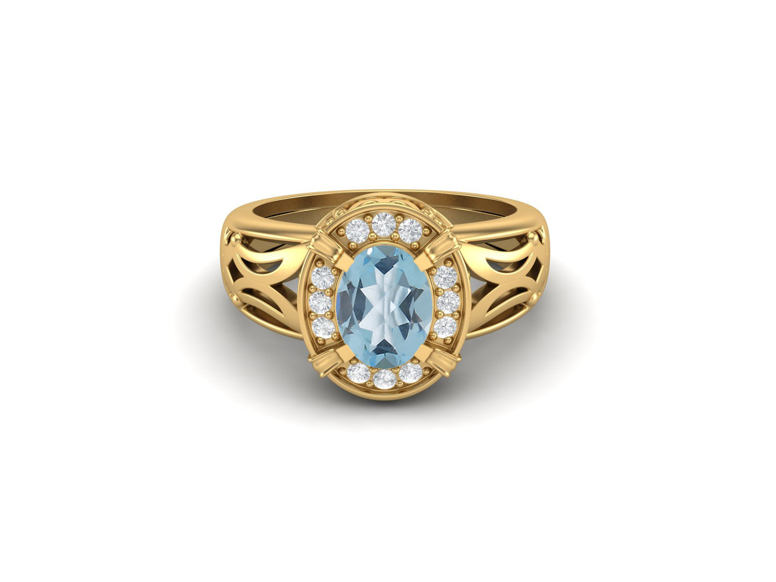 Blue Topaz Oval Filigree Halo Design Ring - Sterling Silver