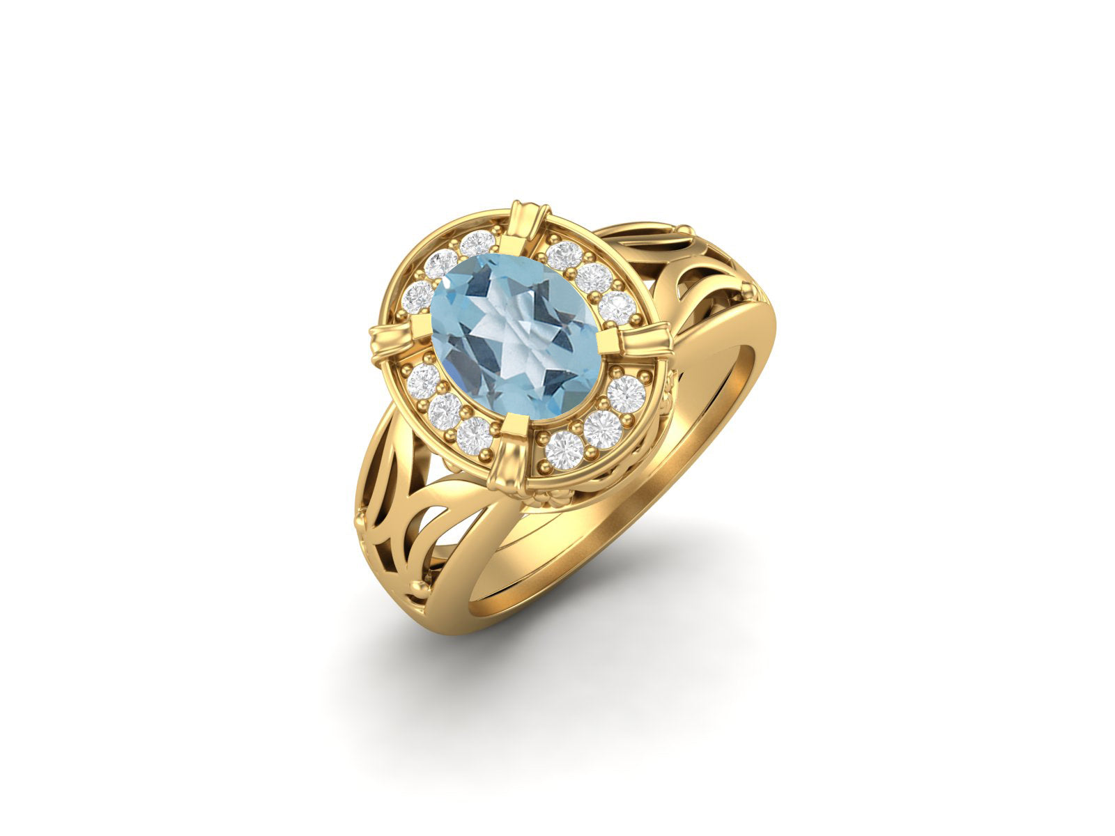 Blue Topaz Oval Filigree Halo Design Ring - Sterling Silver