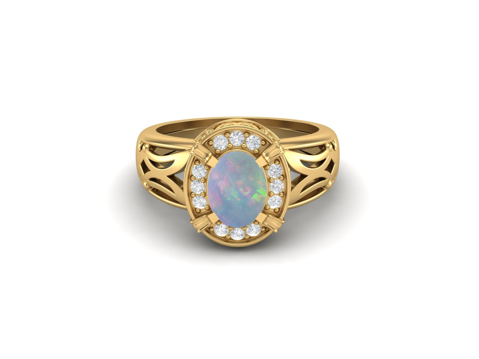 Opal Oval Filigree Halo Design Ring - Sterling Silver