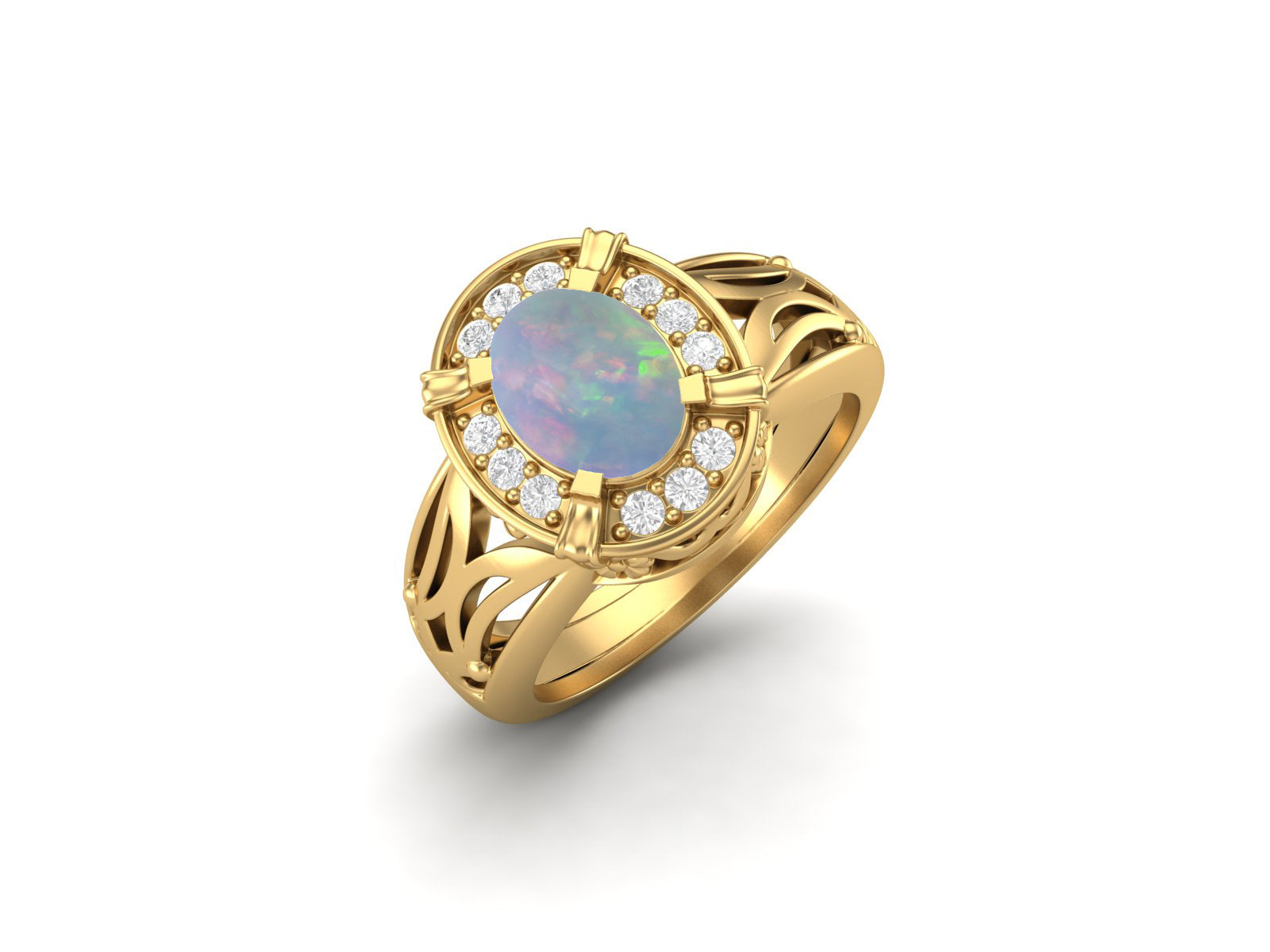 Opal Oval Filigree Halo Design Ring - Sterling Silver