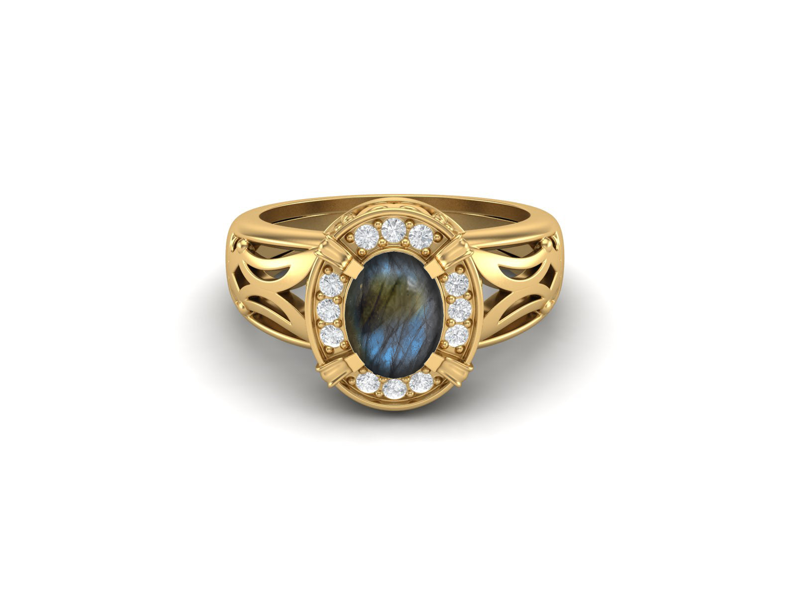 Labradorite Oval Filigree Halo Design Ring - Sterling Silver