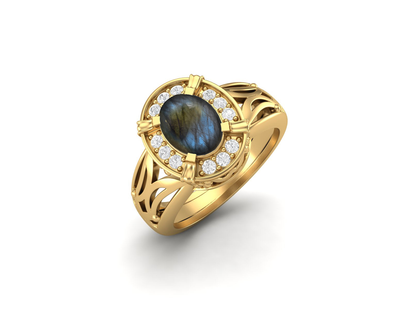 Labradorite Oval Filigree Halo Design Ring - Sterling Silver