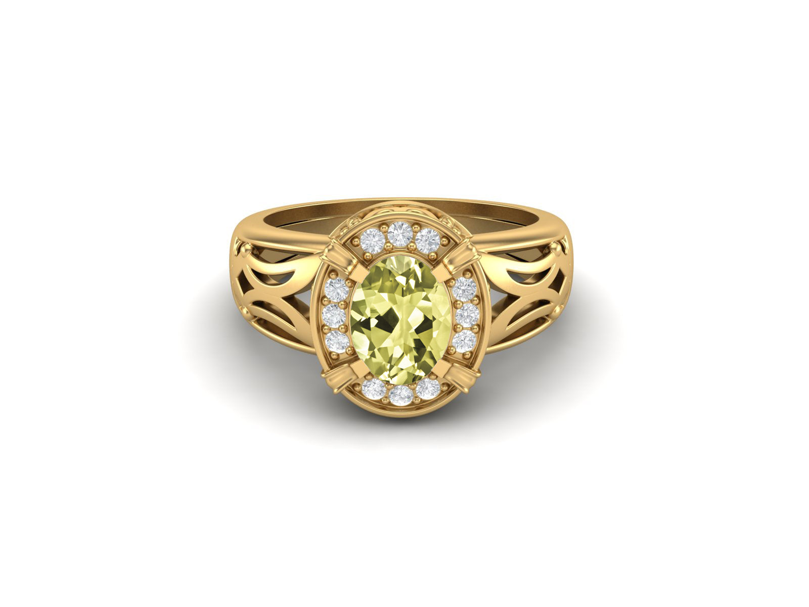 Lemon Quartz Oval Filigree Halo Design Ring - Sterling Silver