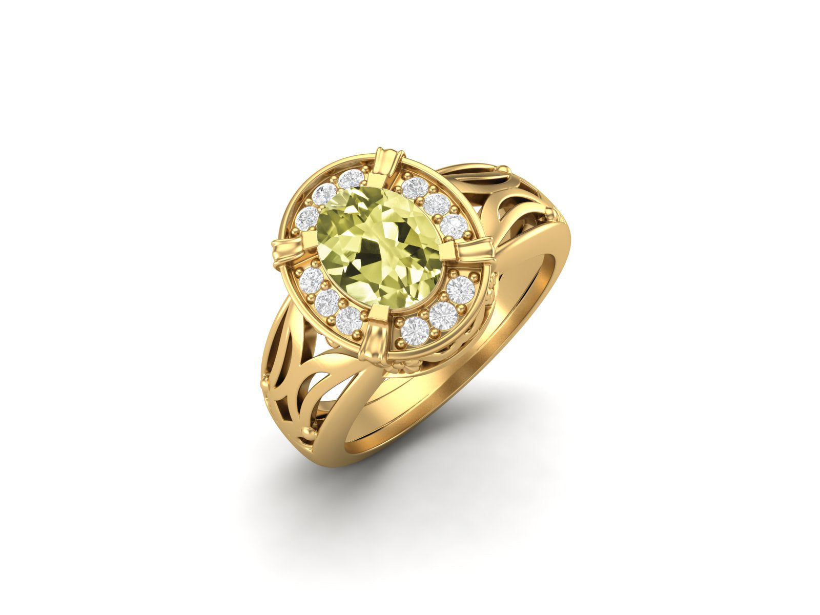 Lemon Quartz Oval Filigree Halo Design Ring - Sterling Silver
